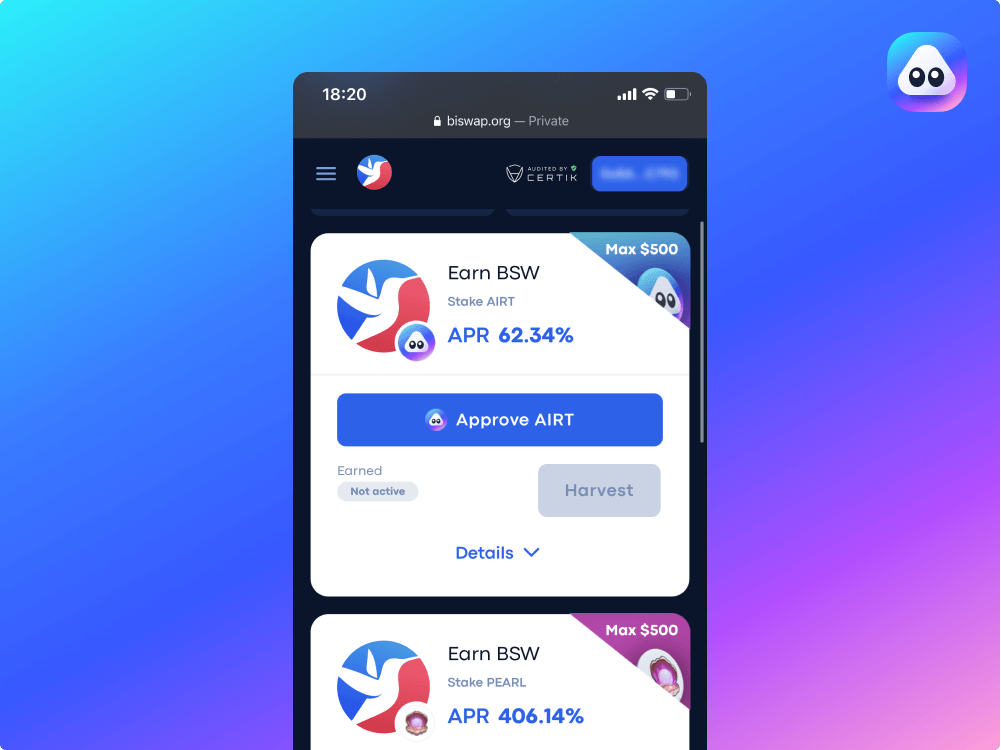 Stake AIRT in Launchpool to earn BSW