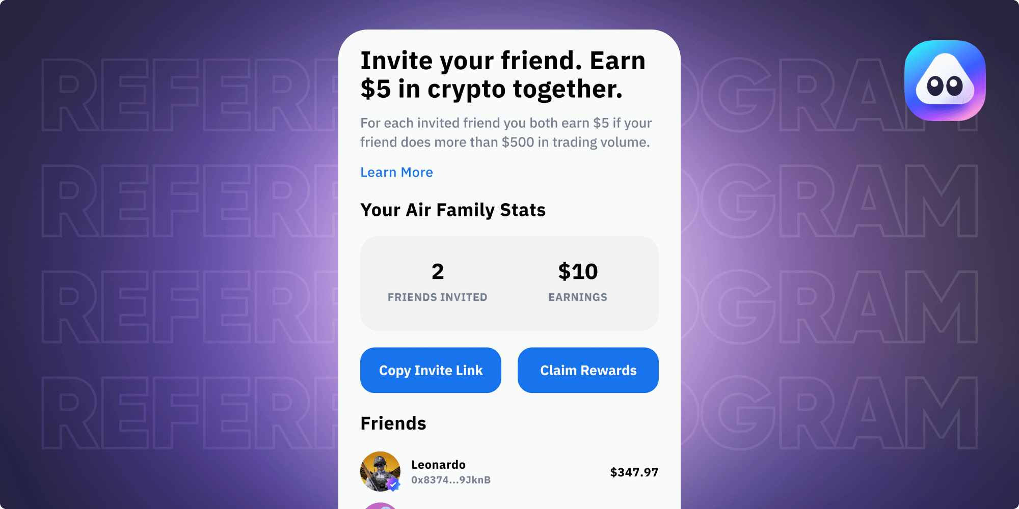 Airnfts Referral program page